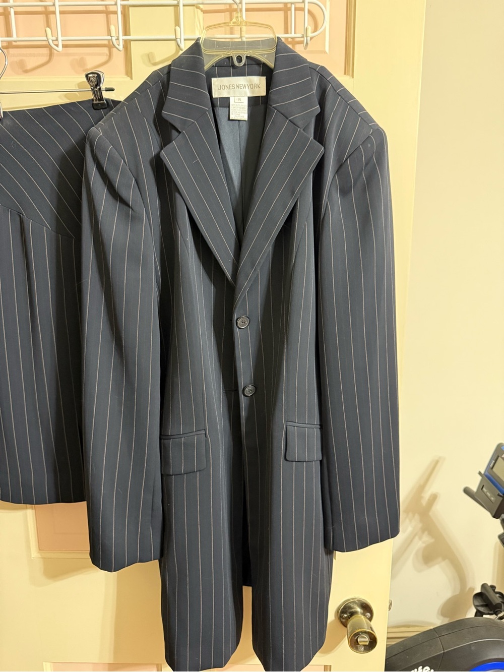 Jones New York Navy Pinstripe Long Blazer & Skirt Set